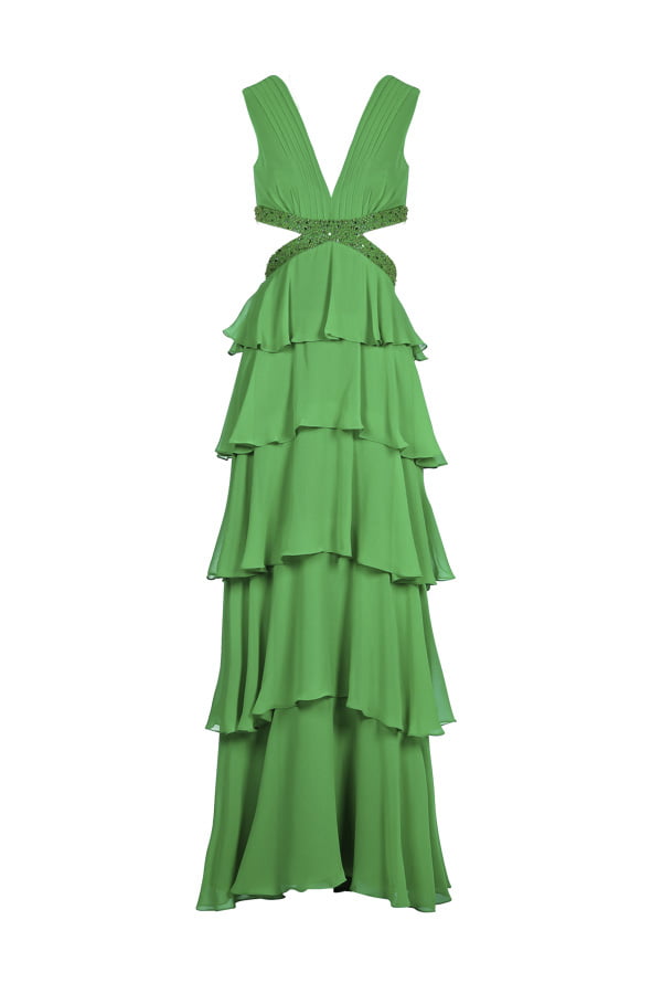 Vestido de festa longo para madrinha de casamento na cor verde oliva hits