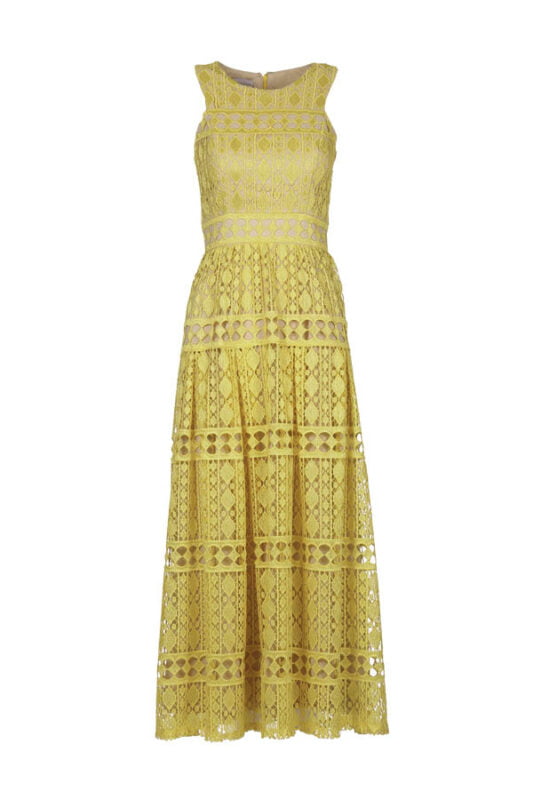 Vestido de festa midi em renda cor amarelo monaco