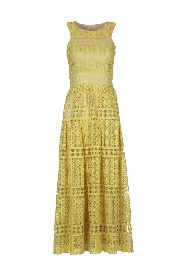 Vestido de festa midi em renda cor amarelo monaco