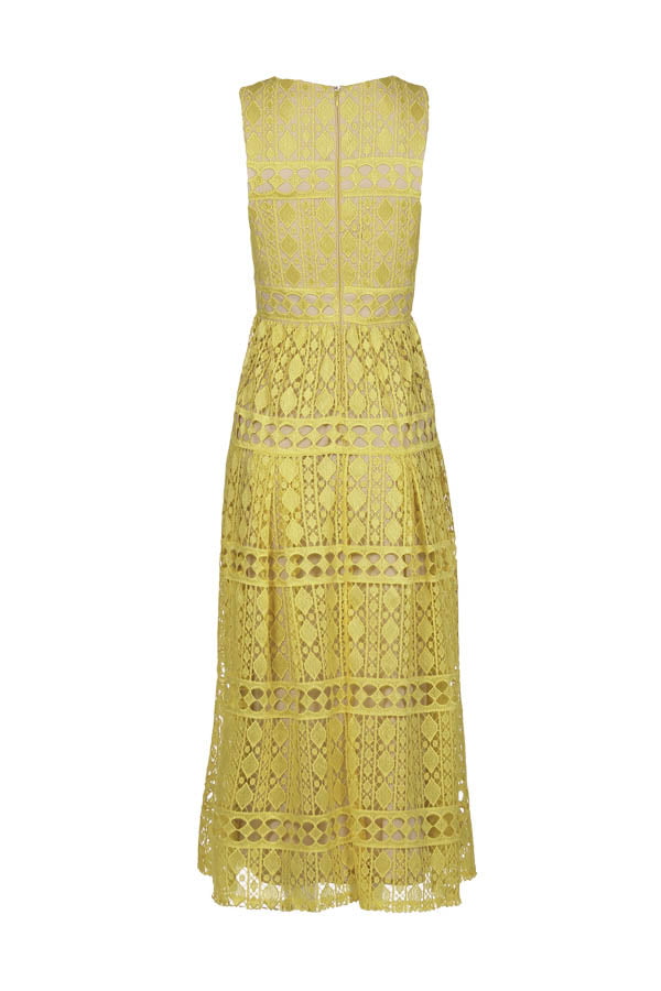 Vestido de festa midi em renda cor amarelo monaco