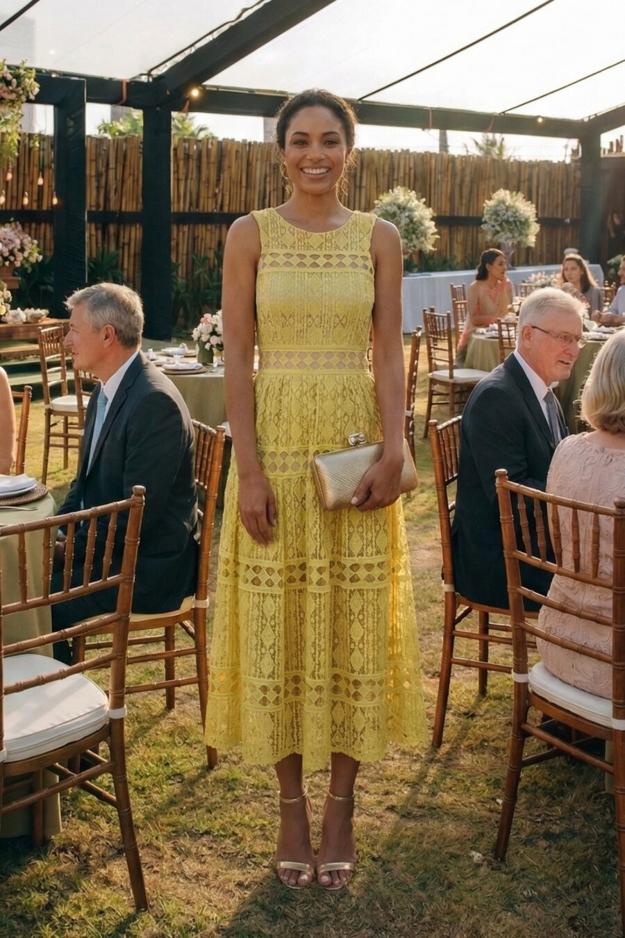 Vestido Festa Midi Renda Amarelo Monaco