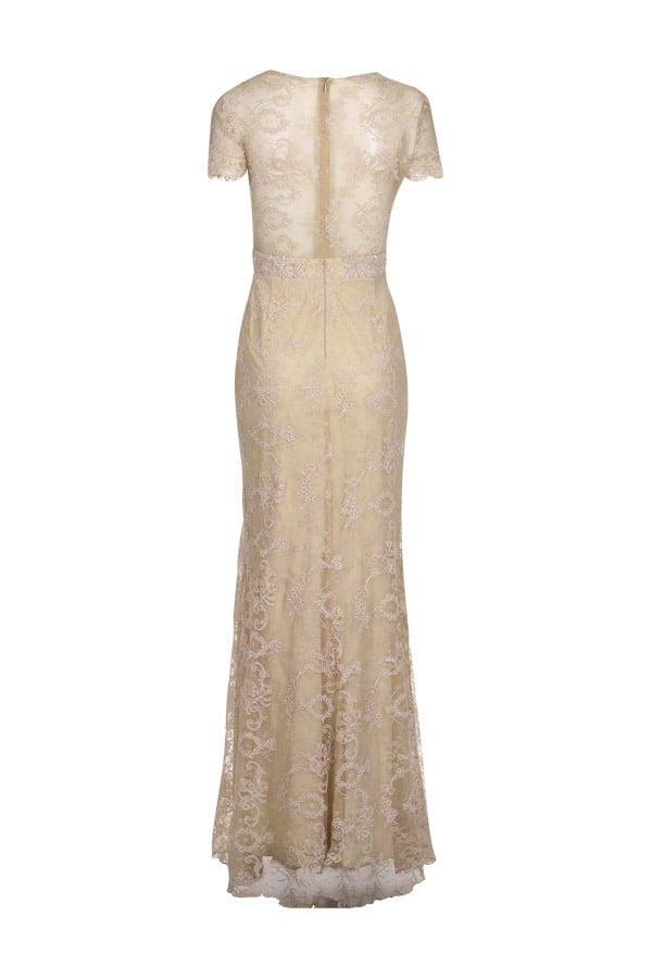 Vestido de festa longo cor nude chic em renda minimalista , perfeito para convidada ou madrinha de casamento