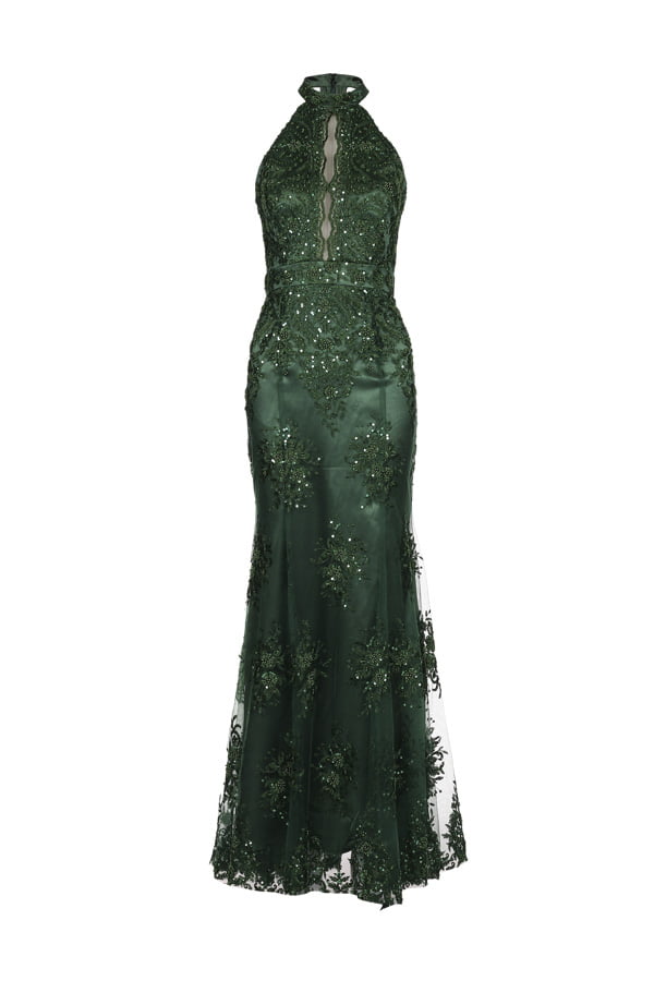 Vestido de festa longo bordado a mão na cor verde esmeralda, modelo Wendy, perfeito para seu baile de formatura