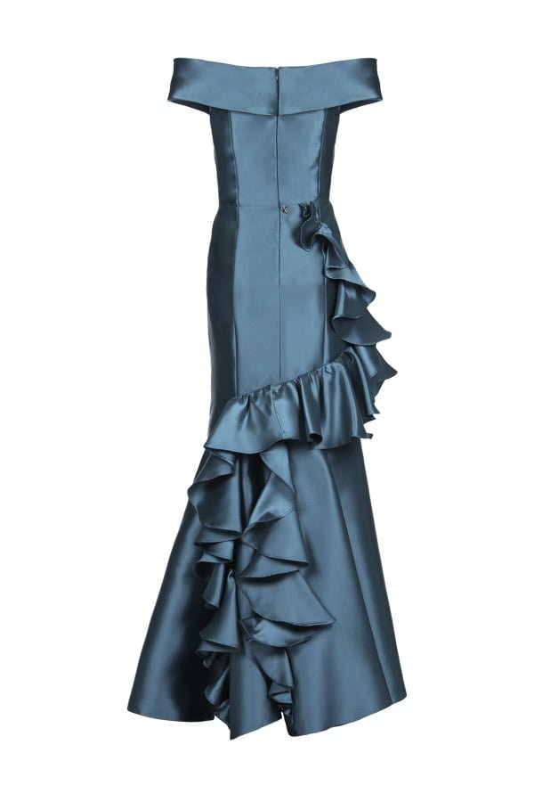 Vestido de festa longo na cor azul em zibeline modelo karina Truss perfeito para baile de gala para formandas ou mãe dos noivos arrasarem nos casamentos