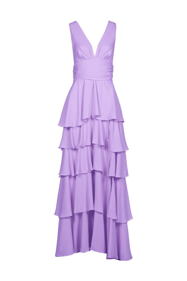 Vestido de festa longo na cor lavanda com saia de camadas de babados para madrinhas de casamento