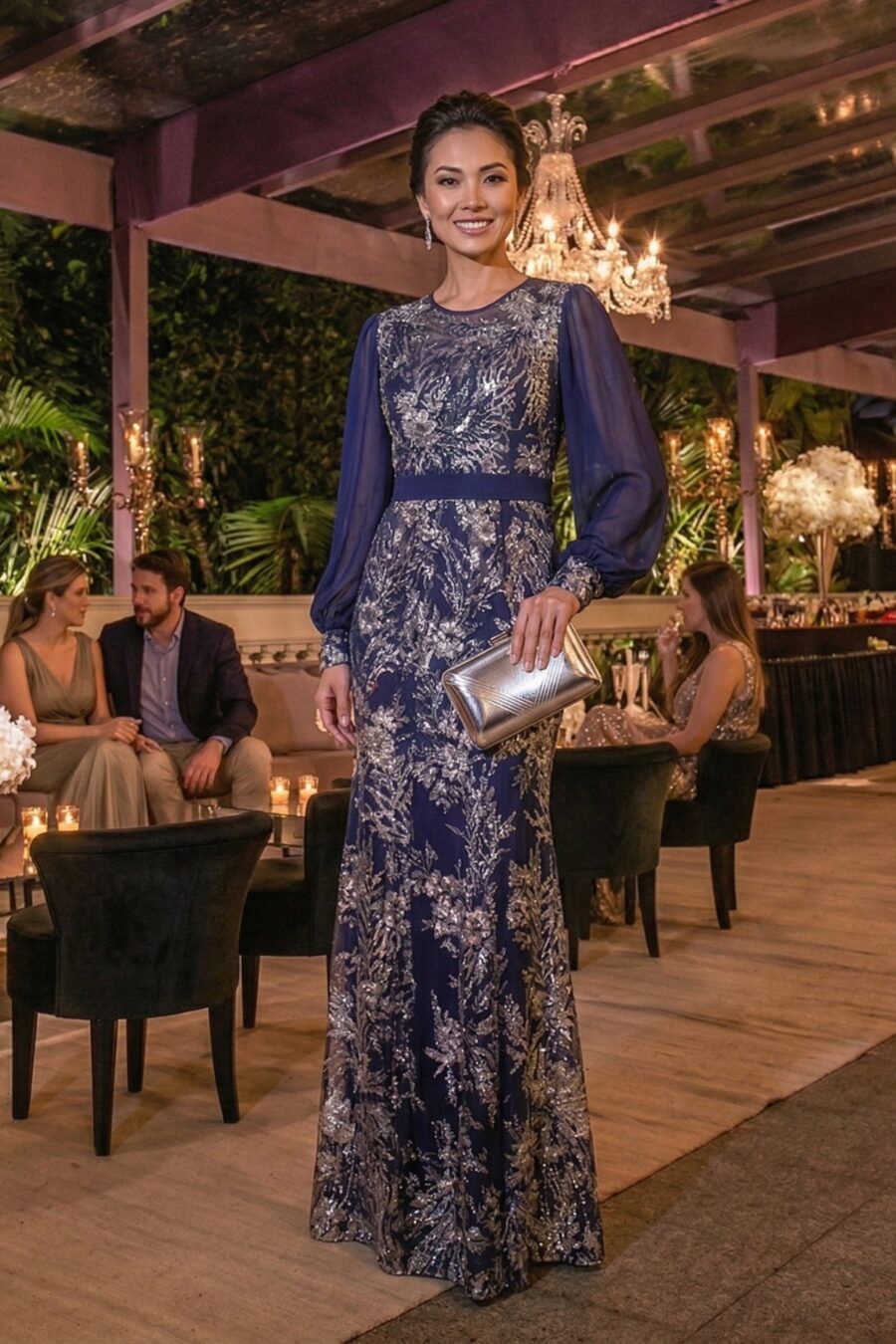 Vestido de festa azul marinho manga longa bordado a mão para mãe da noiva usar no casamento modelo Yanix