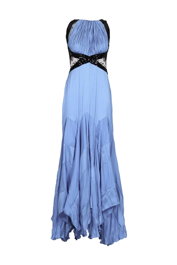 Vestido de festa longo em cetim amassado bicolor em azul com detalhes em preto. Este vestido valoriza sua silhueta e é perfeito para voce arrasar em sua formatura ou como madrinha de casamento.