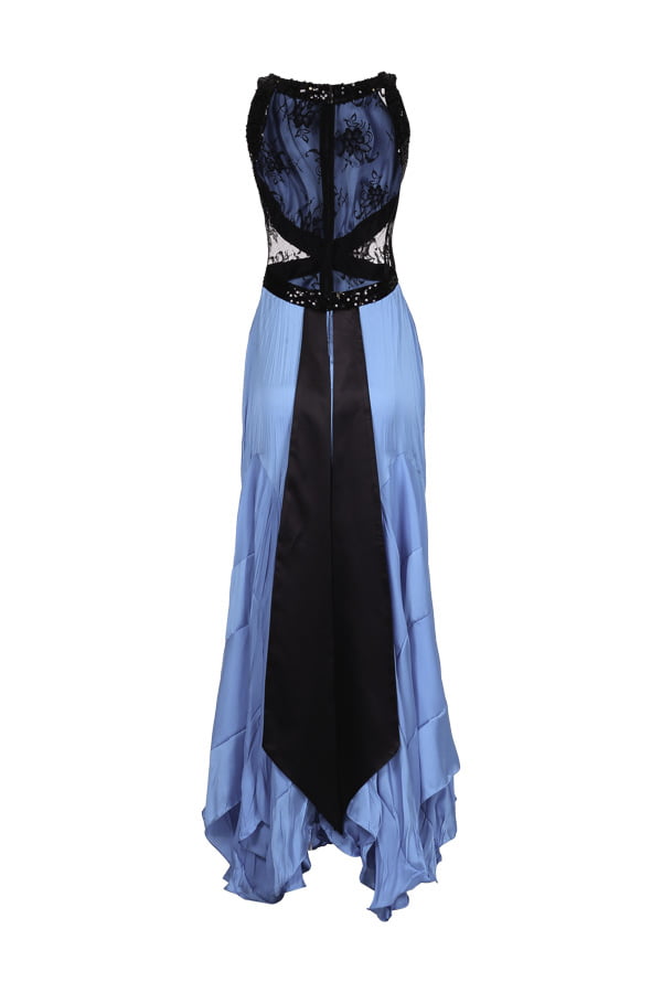 Vestido de festa longo em cetim amassado bicolor em azul com detalhes em preto. Este vestido valoriza sua silhueta e é perfeito para voce arrasar em sua formatura ou como madrinha de casamento.