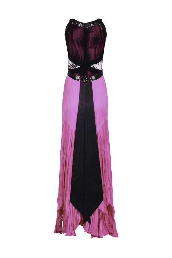 Vestido de festa longo na cor rosa bicolor com detalhes em preto, modelo Lizzy, perfeito para convidada ou madrinha de casamento.