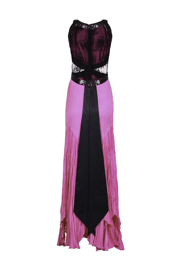 Vestido de festa longo na cor rosa bicolor com detalhes em preto, modelo Lizzy, perfeito para convidada ou madrinha de casamento.