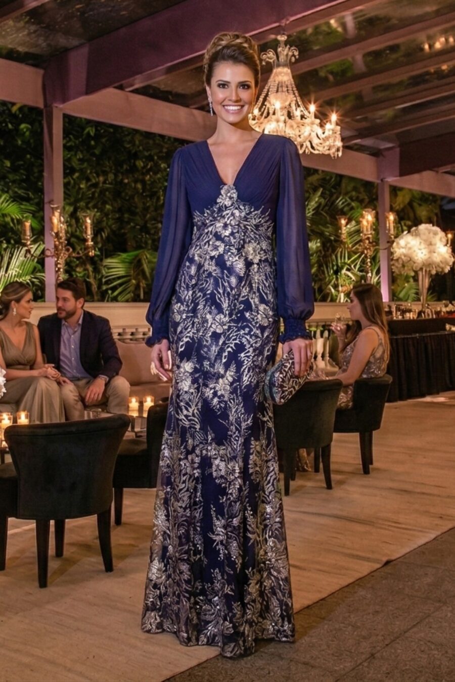Vestido de Festa Bordado Azul Marinho Margot