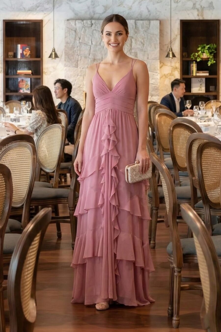 Vestido de festa longo rosa barbie