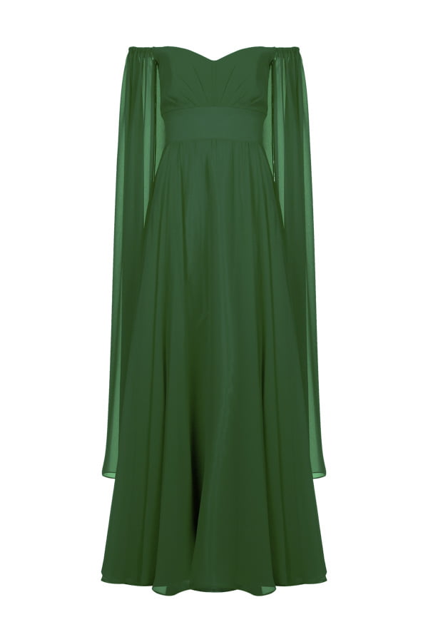 Vestido de festa longo na cor verde esmeralda, modelo faraya. Perfeito para madrinhas de casamento e mães dos noivos.
