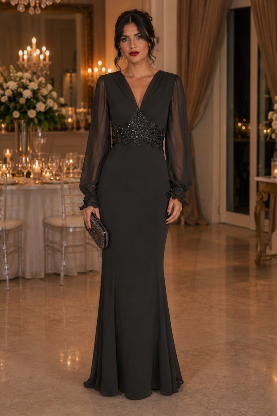 Vestido de festa manga longa na cor verde oliva com aplicação de renda bordada a mão, ideal para madrinha ou mãe da noiva usarem no casamento