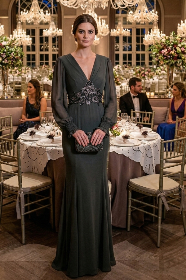 Vestido de festa manga longa na cor verde oliva com aplicação de renda bordada a mão, ideal para madrinha ou mãe da noiva usarem no casamento