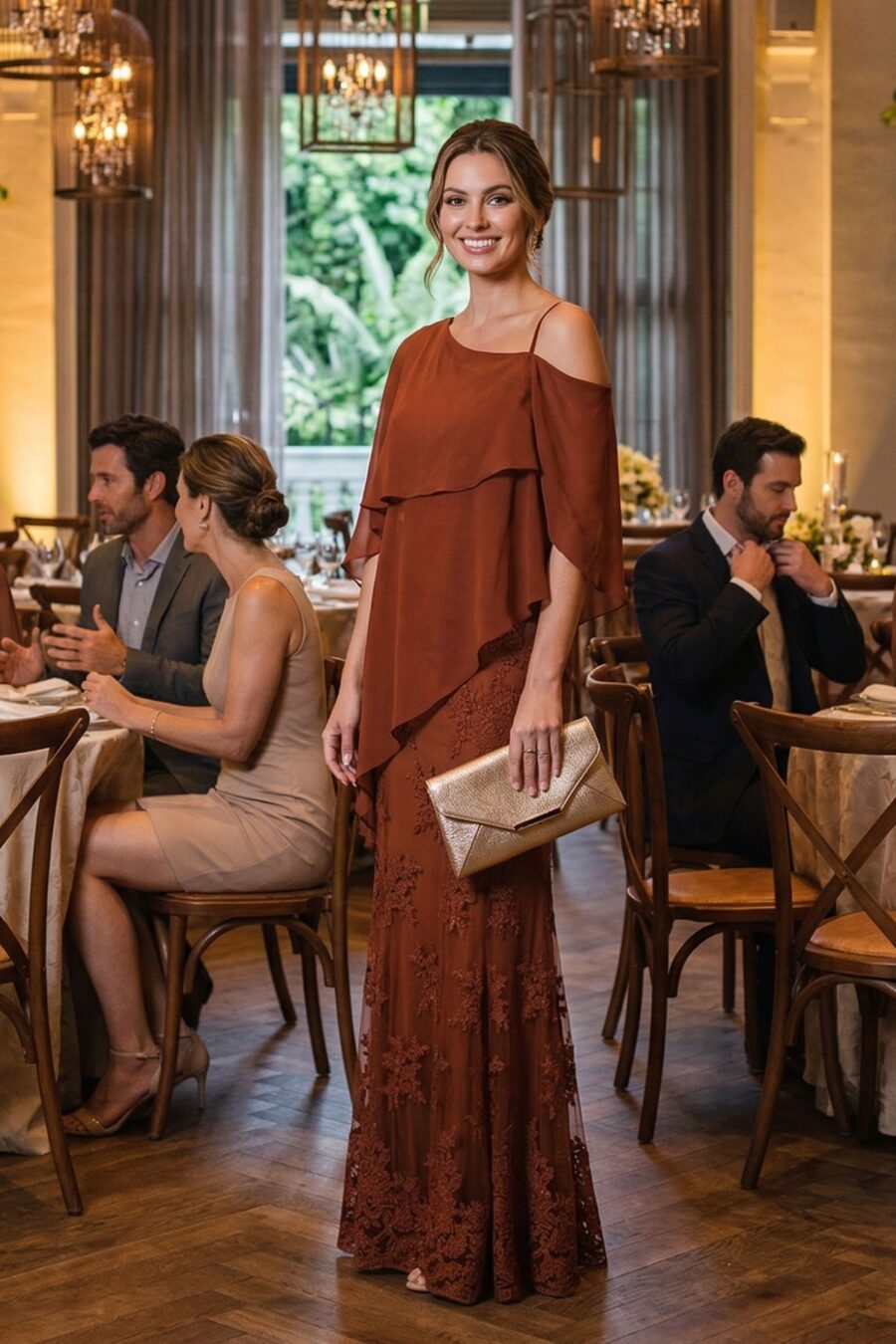 Vestido de festa renda marsala sobrecapa Antuerpia para mães dos noivos