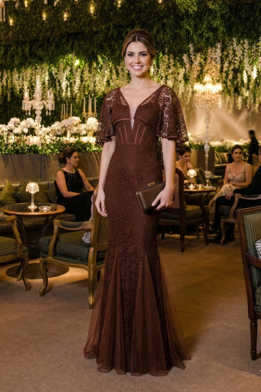 Vestido de festa em renda marsala para mãe da noiva modelo stella