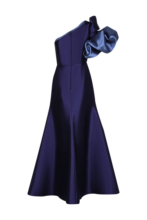 Vestido de festa longo tricolor azul em zibeline para formandas
