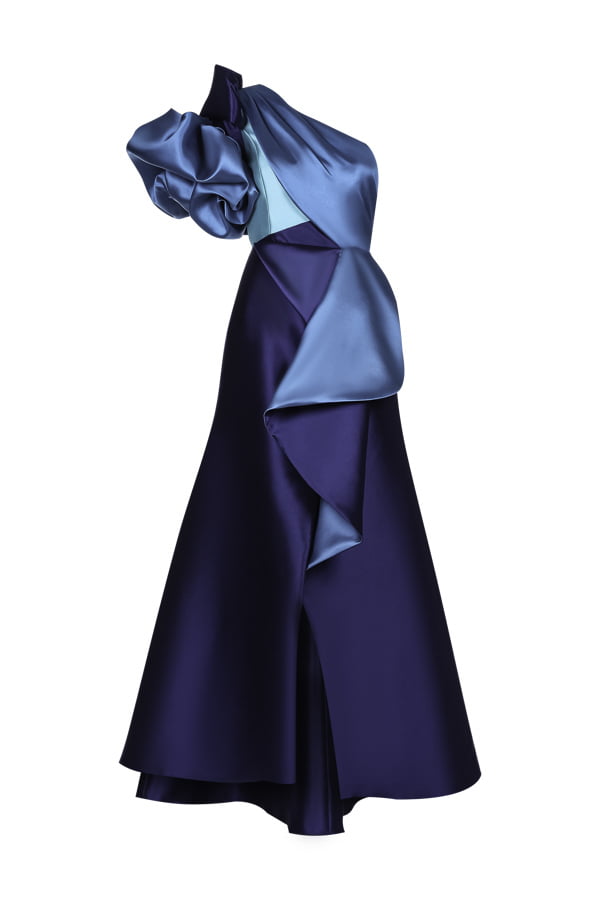 Vestido de festa longo tricolor azul modelo Mirella em zibeline para formandas