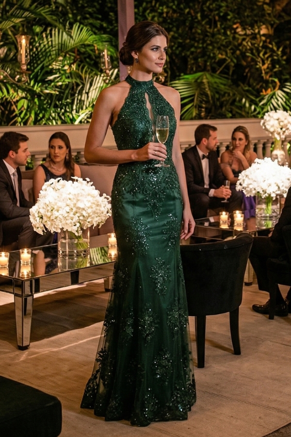 Vestido de festa longo bordado a mão na cor verde esmeralda, modelo Wendy, perfeito para seu baile de formatura