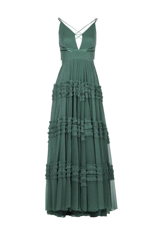 Vestido de festa verde decote em V com saia adornada de babados modelo Vetra perfeito para uso em bailes de formatura ou madrinha de casamento