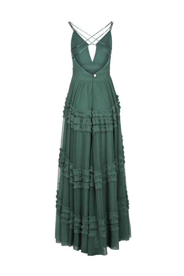 Vestido de festa verde decote em V com saia adornada de babados modelo Vetra perfeito para uso em bailes de formatura ou madrinha de casamento