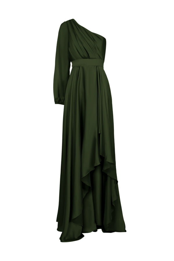 Vestido de festa longo decote uma manga só em cetim com fenda na cor verde oliva, perfeito para madrinha ou convidada de casamento.