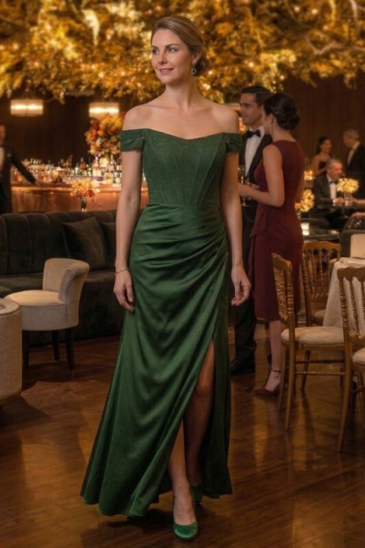 Vestido longo de festa na cor verde oliva, decote ombro a ombro, com fenda na saia.
