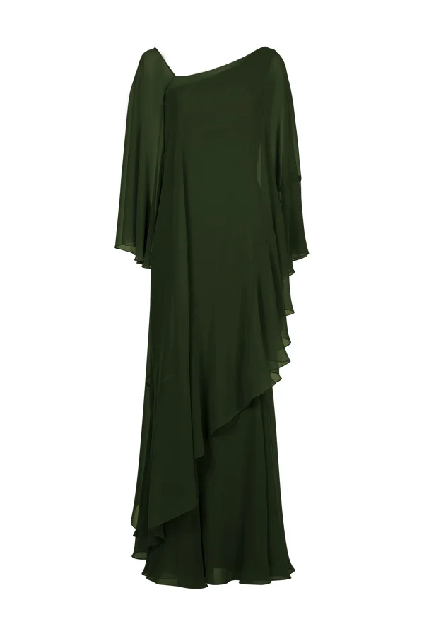 Vestido longo de festa na cor verde oliva, com mangas e babados na saia, podendo ser confeccionado no tecido chiffon creponado ou georgete de seda..
