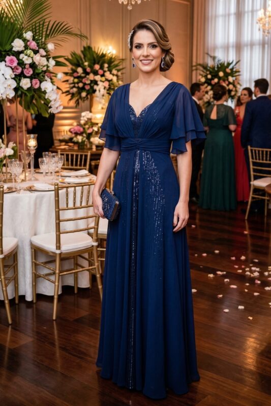 Vestido de festa azul para as mães dos noivos Carla Bruni