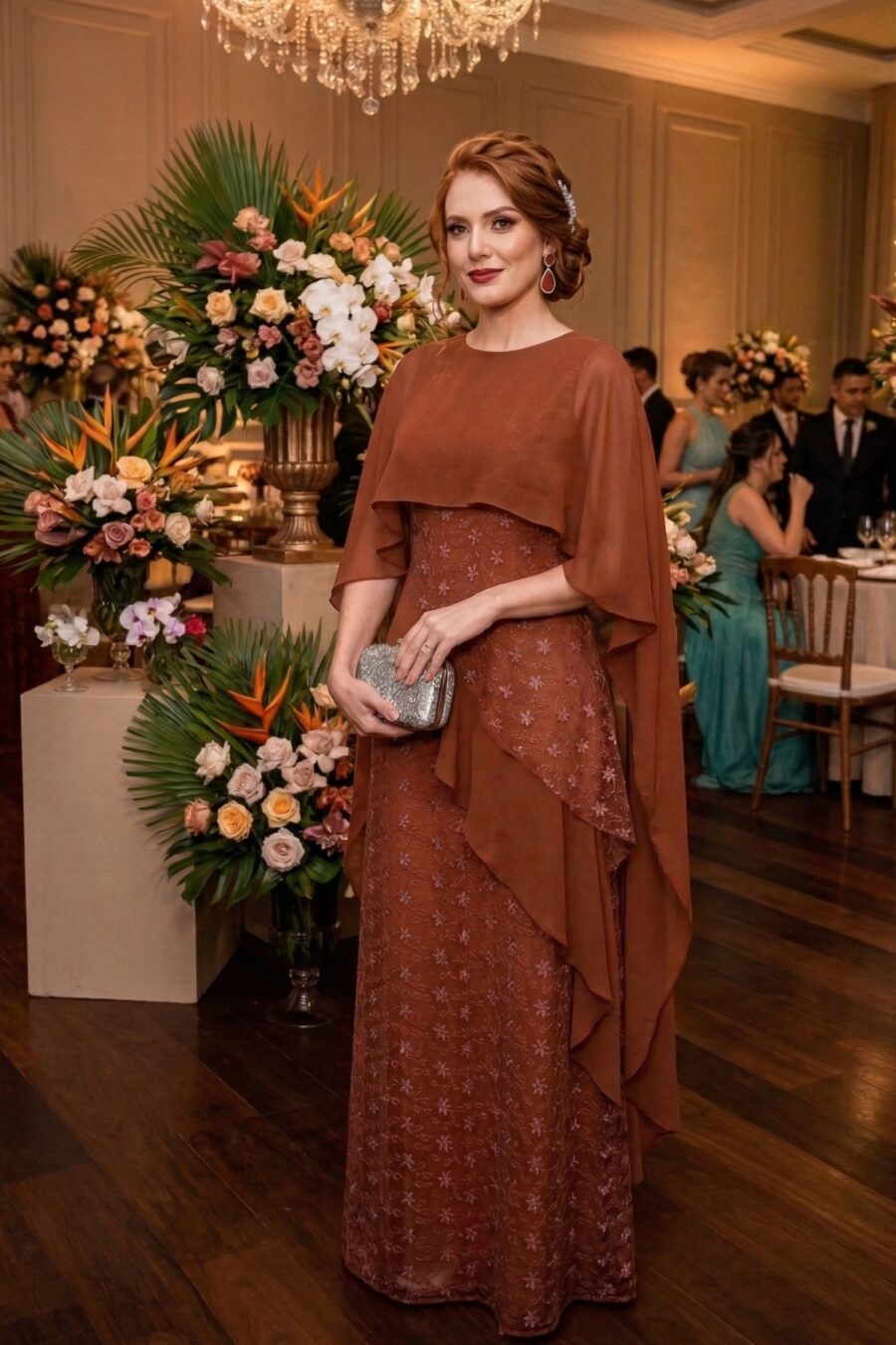 Vestido festa longo na cor marsala com sobrecapa de crepe , perfeito para mãe de noiva usar no casamento modelo elegance