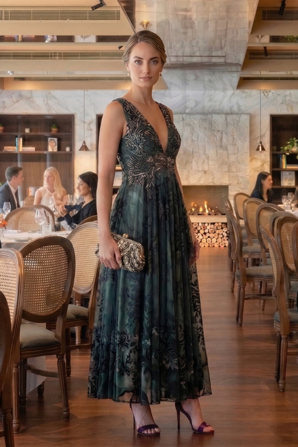 Vestido de festa longo cor verde modelo Jade Picon, perfeito para madrinha de casamento ou formanda