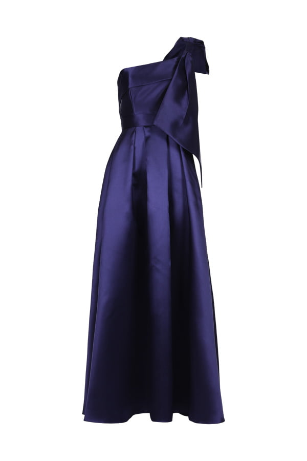 Vestido de festa azul noite com maxi laço em zibeline , perfeito para bailes de gala e grands ocasiões como madrinhas de casamento ou mães dos noivos