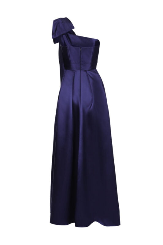 Vestido de festa azul noite com maxi laço em zibeline , perfeito para bailes de gala e grands ocasiões como madrinhas de casamento ou mães dos noivos