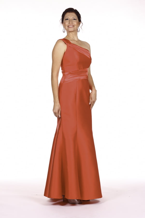 Vestido de festa com decote de um ombro só na cor vermelho para mães dos noivos em zibeline, modelo Ivana