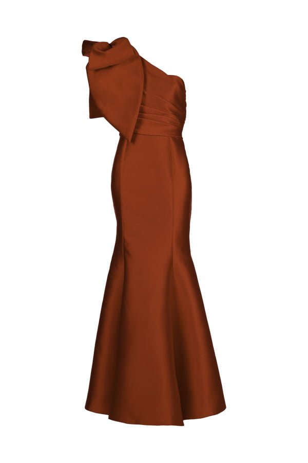 Vestido de festa Emma Stone vermelho com laço de pétalas perfeito para mãe da noiva ou mãe do noivo