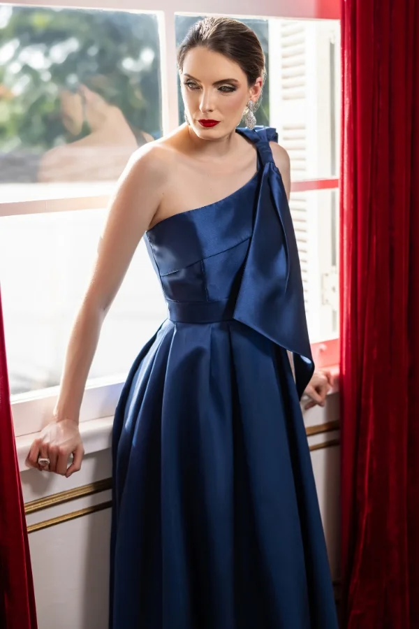 Vestido de festa grace kelly azul marinho para mães dos noivos