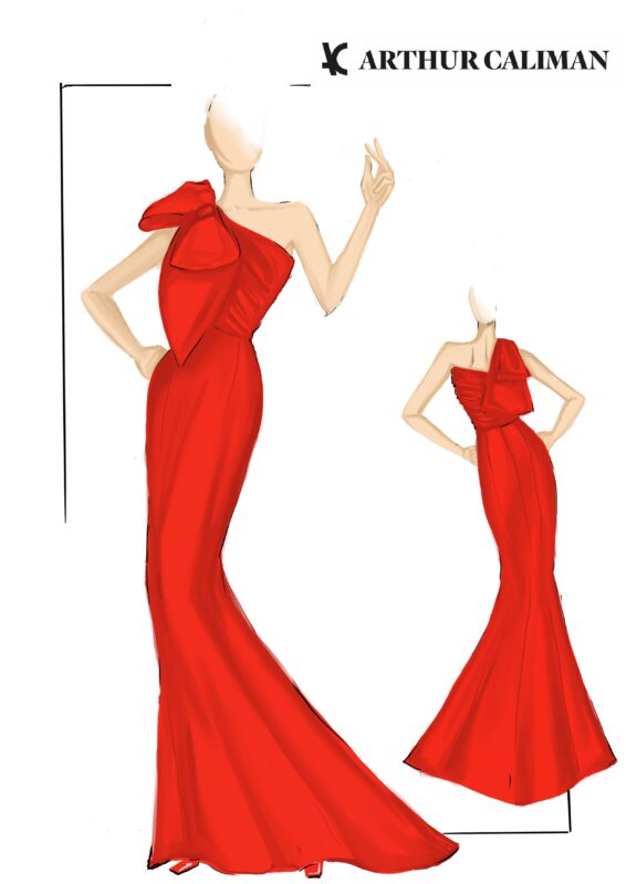 ilustração de um vestido vermelho longo de um ombro só e laço