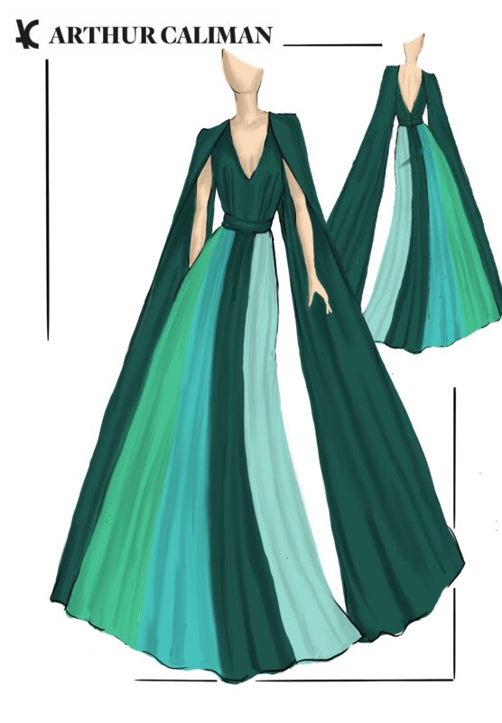 ilustração de um vestido longo em quatro tons de verde com mangas longas abertas e decote v