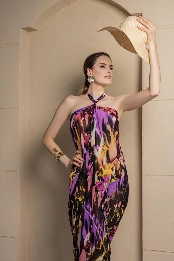 Vestido saia saída de praia multi amarração modelo Santos estampa exclusiva da linha Resort de série limitada Arthur Caliman para o verão 2024