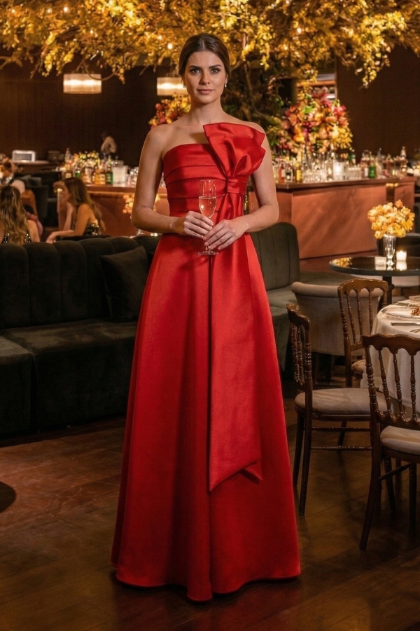 Vestido de festa vermelho zibeline com laço Valeria Mazza