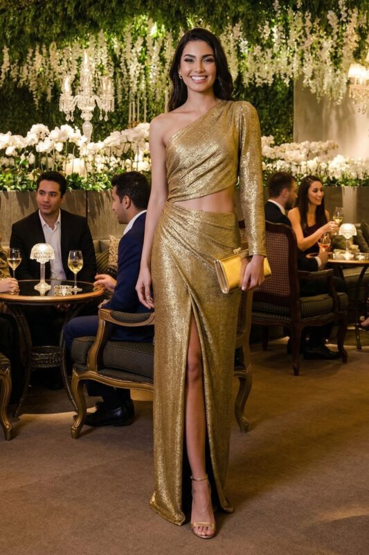 Vestido de festa longo em lurex com fenda de um ombro só