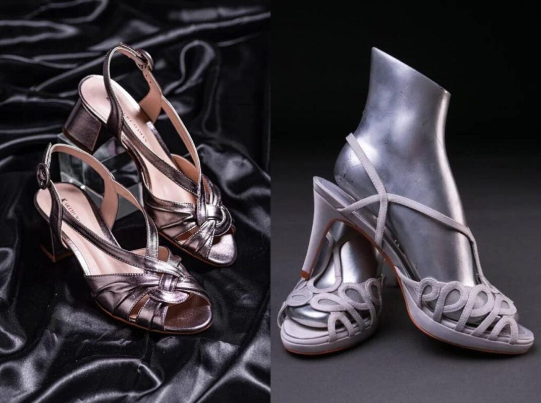 montagem de duas imagens de sapatos da marca Arthur Caliman, na esquerda o Sapato Moa Prata Velha e na direita o Sapato de Festa Personalizado Smooth Prata