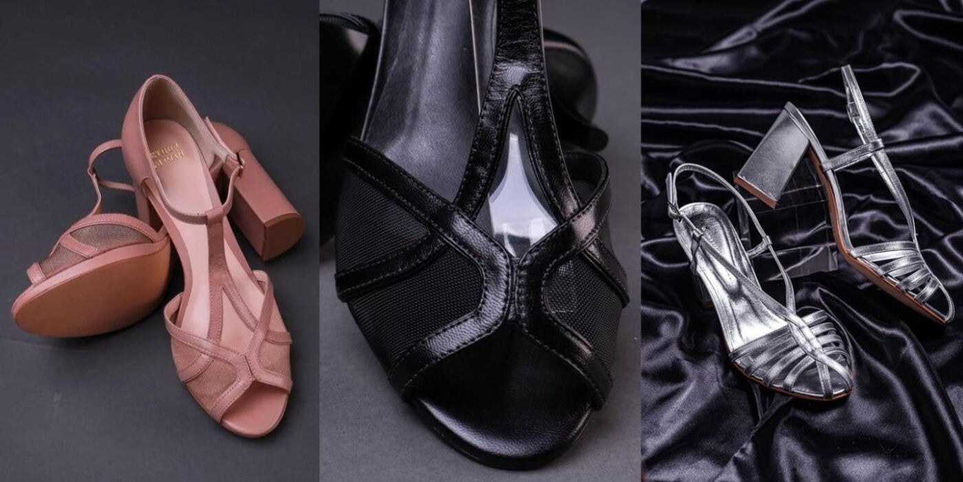 montagem de três imagens de sapatos da marca Arthur Caliman, na esquerda o Sapato Personalizado de Festa Pelica Nude, no meio o Sapato Personalizado Mestiço Preta e na direita o Sapato Kim Prata