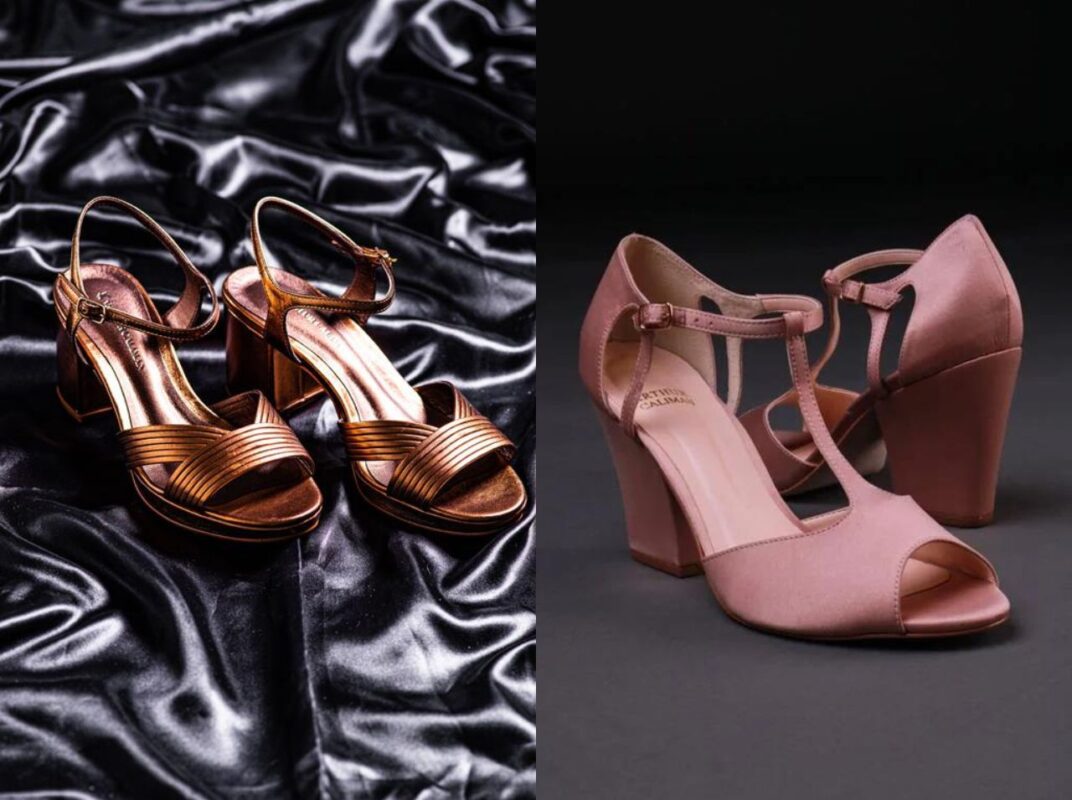 montagem de duas imagens de sapatos da marca Arthur Caliman, na esquerda o Sapato Mix Bronze e na direita o Sapato de Festa Personalizado Quest Nude