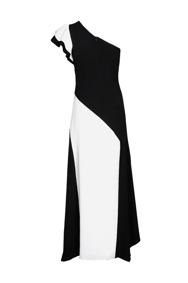 Vestido midi preto e branco grace de um ombro só