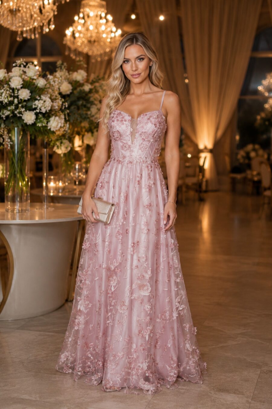 mulher loira usando Vestido de festa longo todo bordado a mão perfeito para madrinhas de casamento e formandas.