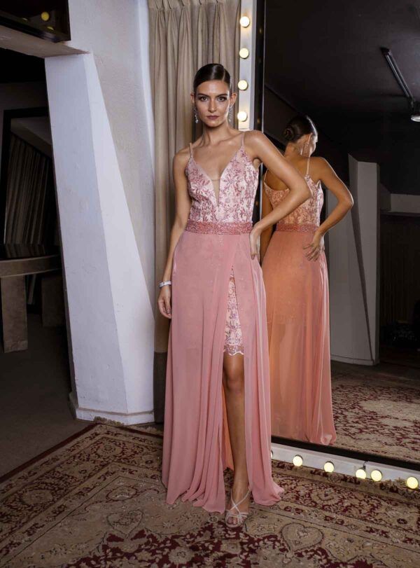 Vestido de festa longo 2 em 1 bordado a mão.