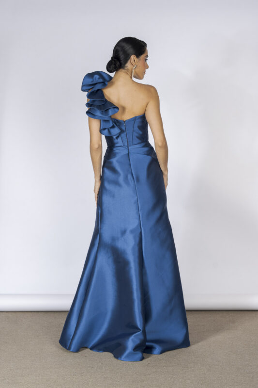 Costas dedo vestido de festa azul