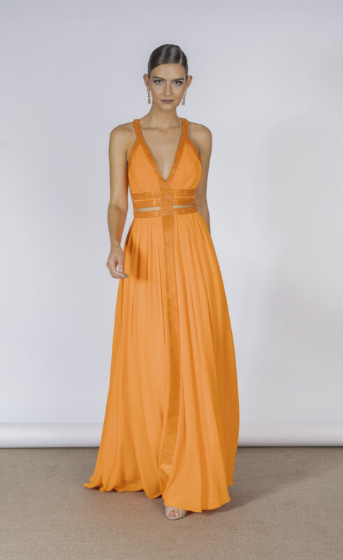 Vestido de festa longo na cor laranja bordado a mão